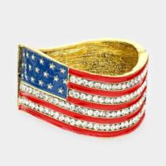 Stars and Strips Flag Gold Rhinestone Women's Hinged Bangle - Picture 1 of 6
